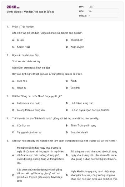 Đề thi giữa kì 1 Văn lớp 7 có đáp án (Đề 2)