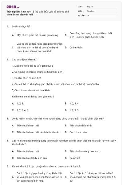 Trắc nghiệm Sinh học 12 (có đáp án): Loài và các cơ chế cách li sinh sản của loài