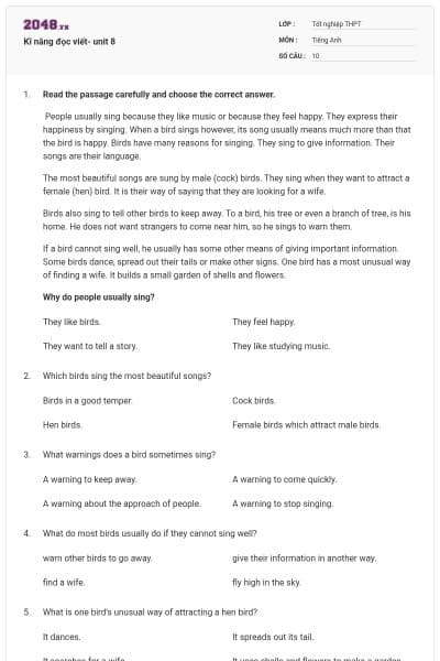 Kĩ năng đọc viết- unit 8