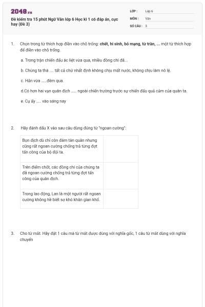 Đề kiểm tra 15 phút Ngữ Văn lớp 6 Học kì 1 có đáp án, cực hay (Đề 3)