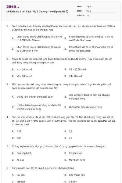 Đề kiểm tra 1 tiết Vật Lí lớp 6 Chương 1 có đáp án (Đề 5)