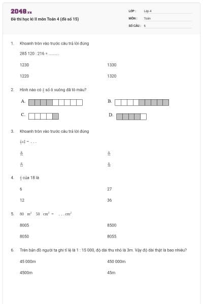Đề thi học kì II môn Toán 4 (đề số 15)