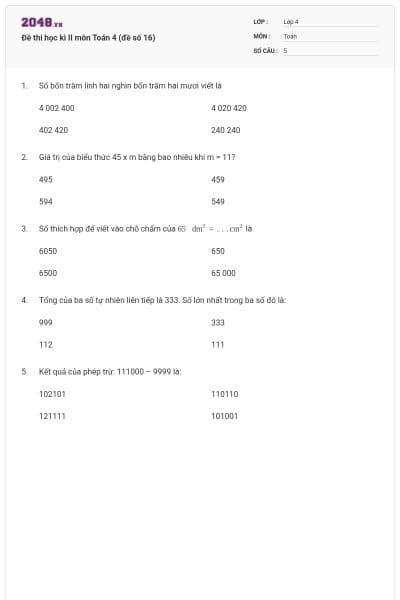 Đề thi học kì II môn Toán 4 (đề số 16)