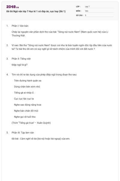 Đề thi Ngữ văn lớp 7 Học kì 1 có đáp án, cực hay (Đề 1)