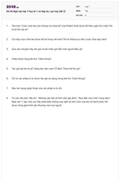 Đề thi Ngữ văn lớp 7 Học kì 1 có đáp án, cực hay (Đề 2)