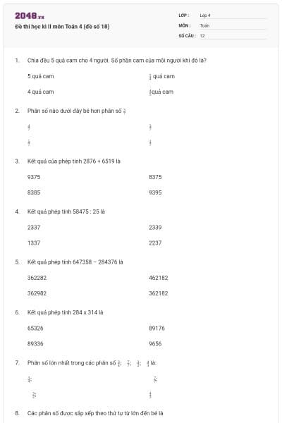 Đề thi học kì II môn Toán 4 (đề số 18)