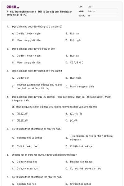 71 câu Trắc nghiệm Sinh 11 Bài 16 (có đáp án): Tiêu hóa ở động vật (TT) (P2)