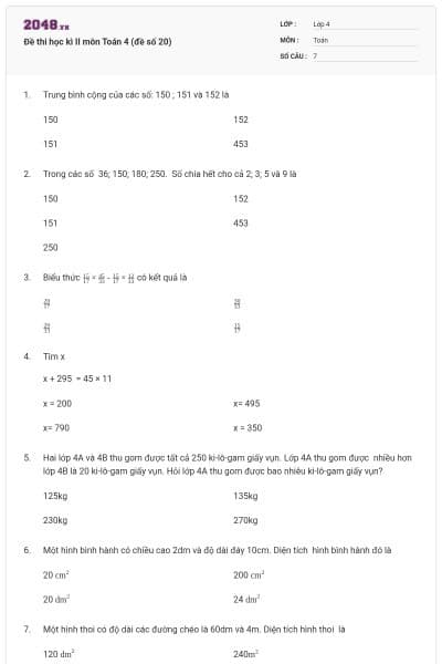 Đề thi học kì II môn Toán 4 (đề số 20)