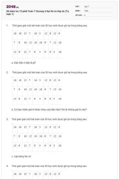 Đề kiểm tra 15 phút Toán 7 Chương 3 Đại Số có đáp án (Tự luận 1)