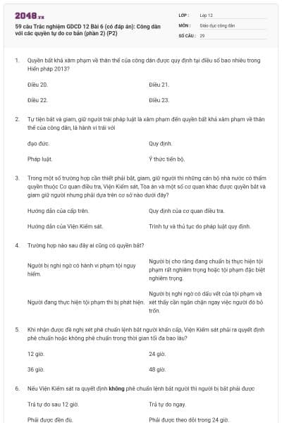 59 câu Trắc nghiệm GDCD 12 Bài 6 (có đáp án): Công dân với các quyền tự do cơ bản (phần 2) (P2)