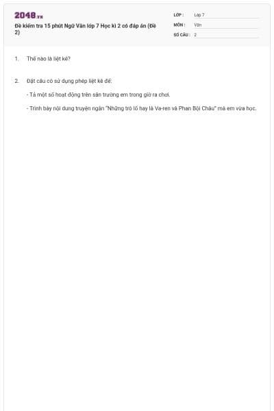 Đề kiểm tra 15 phút Ngữ Văn lớp 7 Học kì 2 có đáp án (Đề 2)