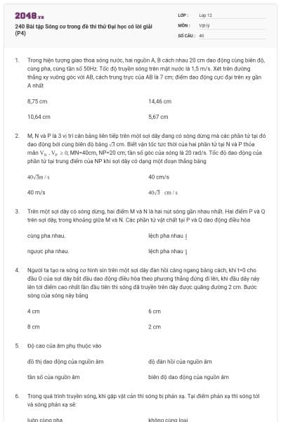 240 Bài tập Sóng cơ trong đề thi thử Đại học có lời giải (P4)