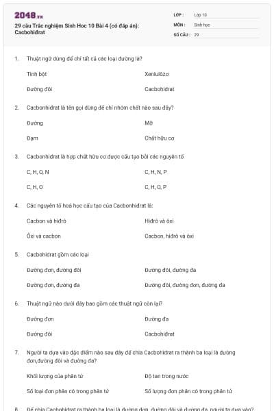 29 câu Trắc nghiệm Sinh Hoc 10 Bài 4 (có đáp án): Cacbohiđrat