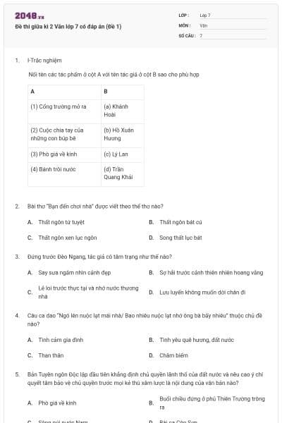 Đề thi giữa kì 2 Văn lớp 7 có đáp án (Đề 1)