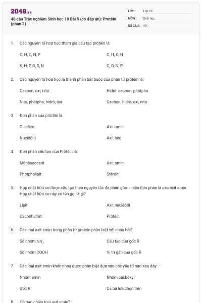 40 câu Trắc nghiệm Sinh học 10 Bài 5 (có đáp án): Protêin (phần 2)