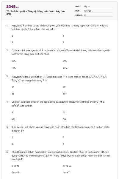 70 câu trắc nghiệm Bảng hệ thống tuần hoàn nâng cao (P1)