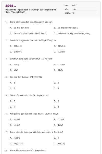 Đề kiểm tra 15 phút Toán 7 Chương 4 Đại Số (phần Đơn thức - Trắc nghiệm 2)