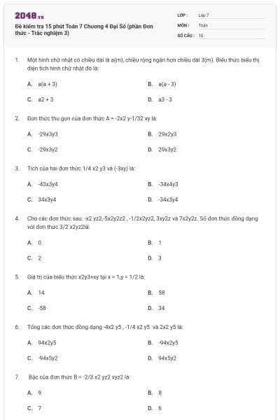 Đề kiểm tra 15 phút Toán 7 Chương 4 Đại Số (phần Đơn thức - Trắc nghiệm 3)