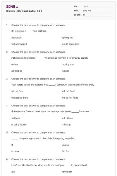 Gramma -  Câu điều kiện loại 1 & 2