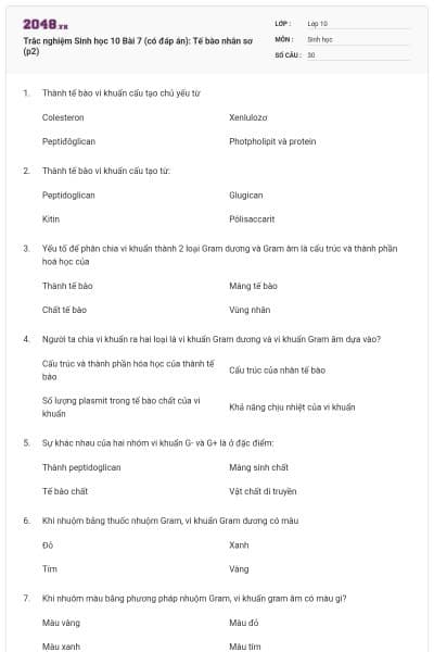 Trắc nghiệm Sinh học 10 Bài 7 (có đáp án): Tế bào nhân sơ (p2)