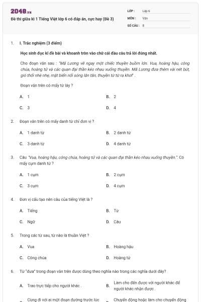 Đề thi giữa kì 1 Tiếng Việt lớp 6 có đáp án, cực hay (Đề 3)