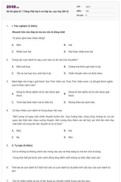 Đề thi giữa kì 1 Tiếng Việt lớp 6 có đáp án, cực hay (Đề 4)