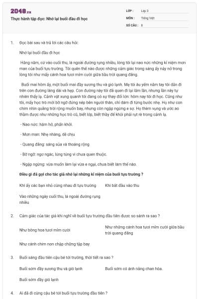 Thực hành tập đọc: Nhớ lại buổi đầu đi học