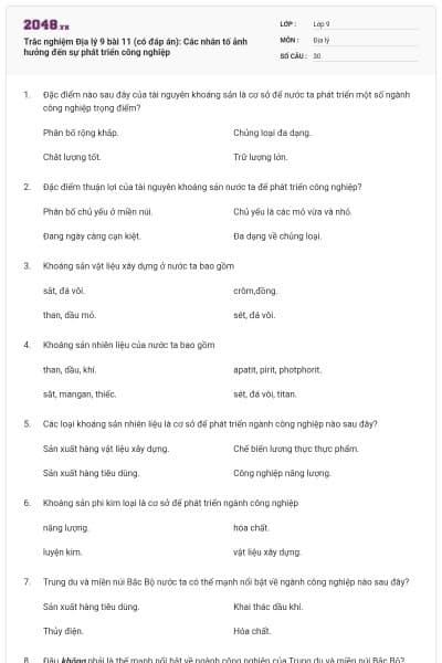 Trắc nghiệm Địa lý 9 bài 11 (có đáp án): Các nhân tố ảnh hưởng đến sự phát triển công nghiệp