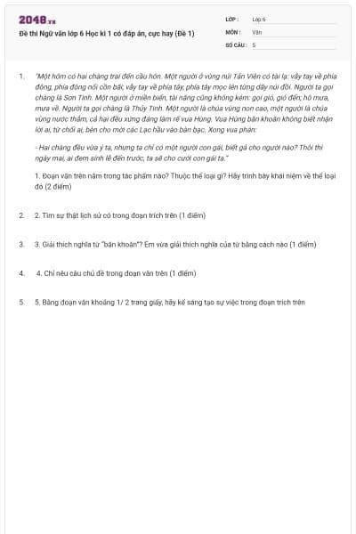Đề thi Ngữ văn lớp 6 Học kì 1 có đáp án, cực hay (Đề 1)
