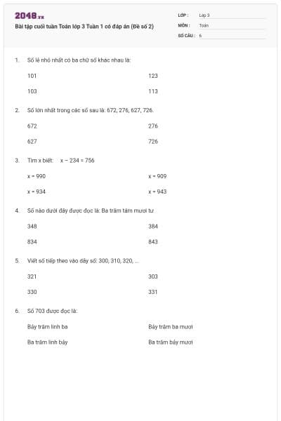 Bài tập cuối tuần Toán lớp 3 Tuần 1 có đáp án (Đề số 2)