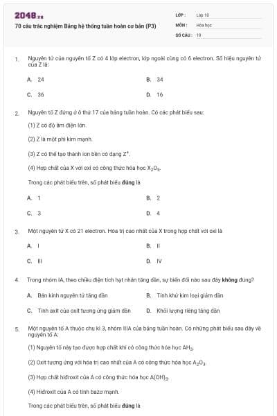 70 câu trắc nghiệm Bảng hệ thống tuần hoàn cơ bản (P3)