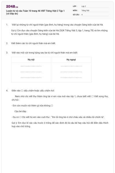 Luyện từ và câu Tuần 10 trang 46 VBT Tiếng Việt 2 Tập 1 (có đáp án)