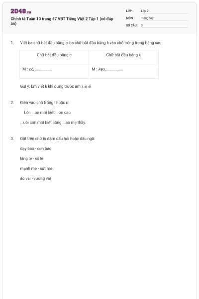 Chính tả Tuần 10 trang 47 VBT Tiếng Việt 2 Tập 1 (có đáp án)