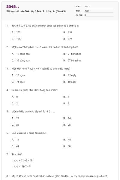 Bài tập cuối tuần Toán lớp 3 Tuần 7 có đáp án (Đề số 3)