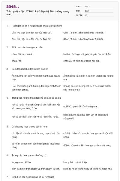 Trắc nghiệm Địa Lí 7 Bài 19 (có đáp án): Môi trường hoang mạc