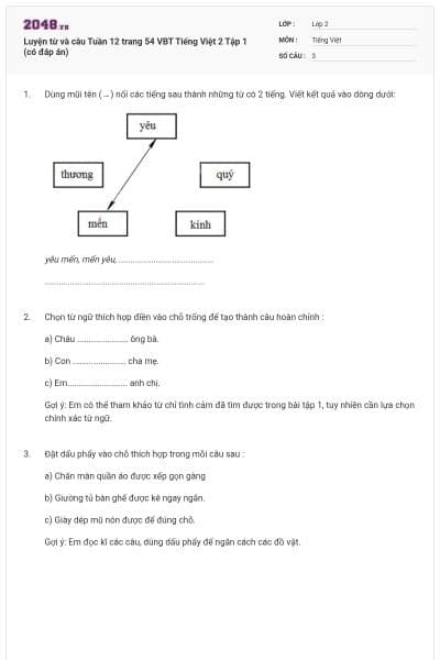 Luyện từ và câu Tuần 12 trang 54 VBT Tiếng Việt 2 Tập 1 (có đáp án)