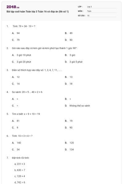 Bài tập cuối tuần Toán lớp 3 Tuần 16 có đáp án (Đề số 1)