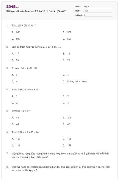 Bài tập cuối tuần Toán lớp 3 Tuần 16 có đáp án (Đề số 2)
