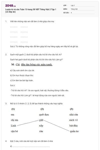 Luyện từ và câu Tuần 13 trang 58 VBT Tiếng Việt 2 Tập 1 (có đáp án)