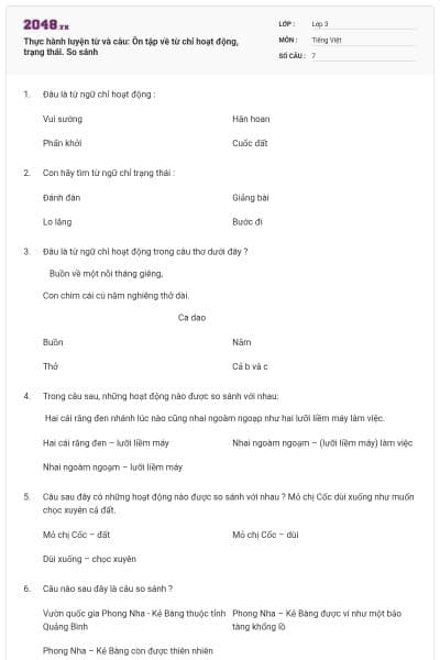 Thực hành luyện từ và câu: Ôn tập về từ chỉ hoạt động, trạng thái. So sánh