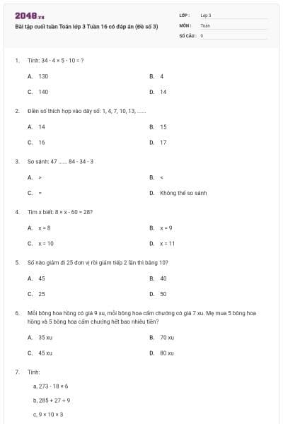 Bài tập cuối tuần Toán lớp 3 Tuần 16 có đáp án (Đề số 3)