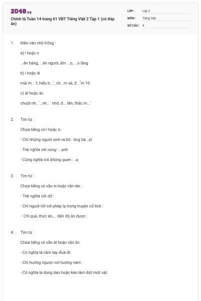 Chính tả Tuần 14 trang 61 VBT Tiếng Việt 2 Tập 1 (có đáp án)