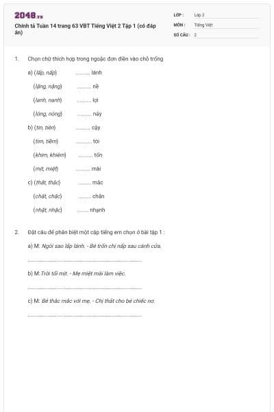 Chính tả Tuần 14 trang 63 VBT Tiếng Việt 2 Tập 1 (có đáp án)