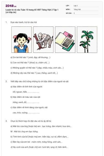 Luyện từ và câu Tuần 15 trang 65 VBT Tiếng Việt 2 Tập 1 (có đáp án)