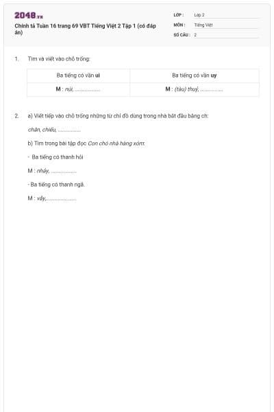 Chính tả Tuần 16 trang 69 VBT Tiếng Việt 2 Tập 1 (có đáp án)