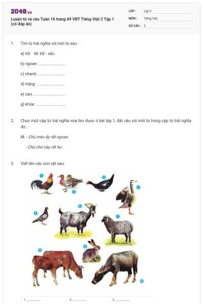 Luyện từ và câu Tuần 16 trang 69 VBT Tiếng Việt 2 Tập 1 (có đáp án)