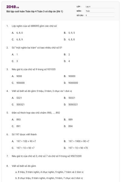 Bài tập cuối tuần Toán lớp 4 Tuần 3 có đáp án (Đề 1)