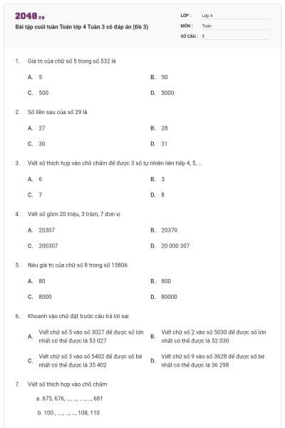 Bài tập cuối tuần Toán lớp 4 Tuần 3 có đáp án (Đề 3)