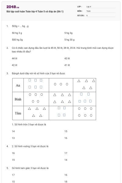 Bài tập cuối tuần Toán lớp 4 Tuần 5 có đáp án (Đề 1)