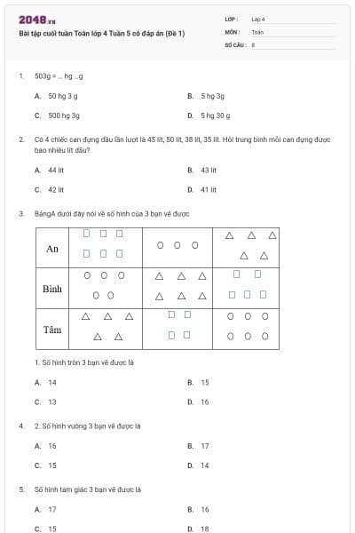 Bài tập cuối tuần Toán lớp 4 Tuần 5 có đáp án (Đề 1)